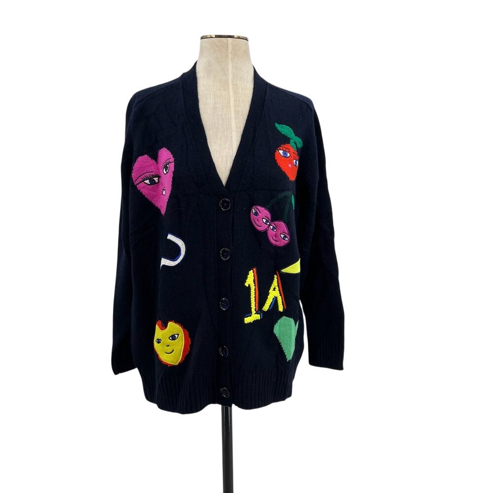 Maison Common Cardigan Sweater Fruit Print Navy Blue Merino Cashmere Size Medium